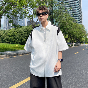 襯衫短袖男痞帥褶皺襯衣小眾設(shè)計(jì)感薄外套 港風(fēng) 黑CC044-P45 控68圖片