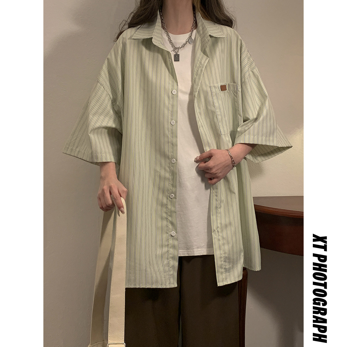 2024女模夏季新款男士宽松条纹衬衫蓝色CC034-P45控68,男装衬衫,电商B237