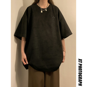 2023女模新款T恤麂皮绒刺绣大板灰色TX083-P35控58
