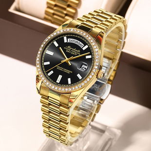 镶钻黑冰糖全自动机械表手表男士 防水手表女日历夜光情侣手表一对