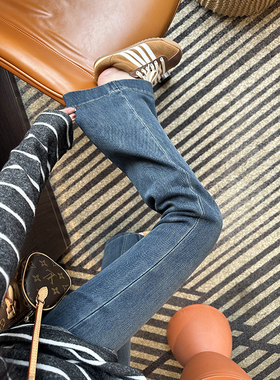 报恩shen裤~！加绒高腰修身微喇牛仔裤弹力显瘦复古蓝色喇叭长裤