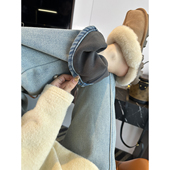 遮胯王牌 女秋冬加绒宽松直筒长裤 巨显瘦 复古浅蓝色阔腿牛仔裤