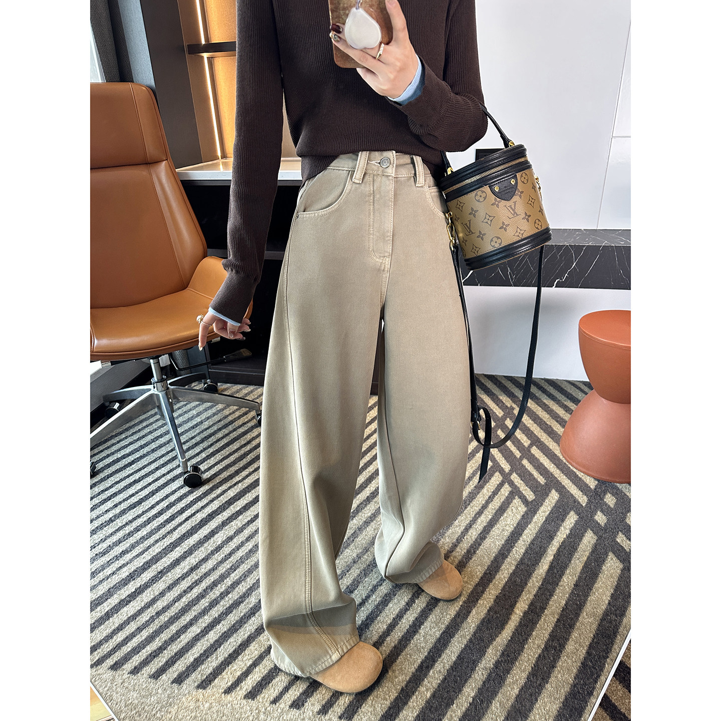 修腿艺术家！~遮胯阔腿弯刀牛仔裤女2025新款加厚绒宽松显瘦长裤