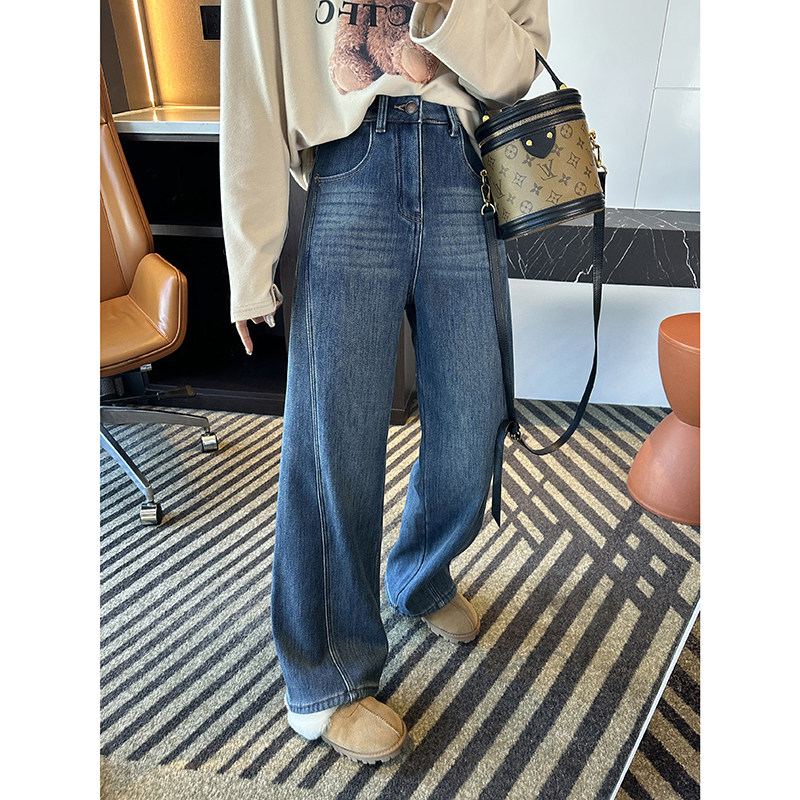 版型吹爆~巨遮胯！斜裁加厚绒牛仔裤女秋冬高腰宽松直筒阔腿裤子,女装/女士精品,牛仔裤,淘宝优惠券,粉丝福利购,淘宝优惠卷