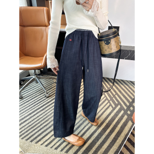 子女新藏青色亚麻仿牛仔阔腿休闲裤 穿到包浆 小个子九分哈伦裤