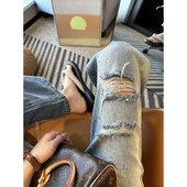 烫钻大破洞高腰直筒牛仔裤 阔腿裤 女春季 休闲窄版 2026新款 超洋气