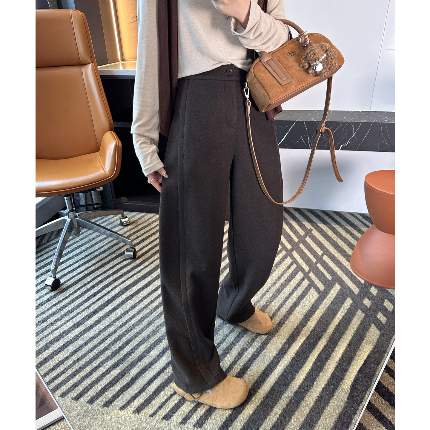 版型夸爆！~咖色羊毛阔腿休闲裤
