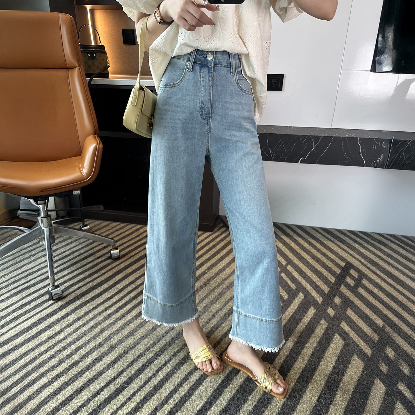 焊在身上！~蕾丝边九分宽松直筒牛仔裤女2026新款春季阔腿奶奶裤