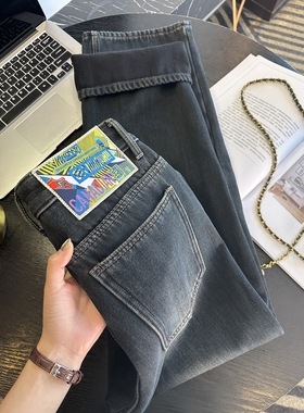 必入好版型！~深色加厚绒牛仔裤子女秋冬显瘦宽松直筒阔腿拖地裤