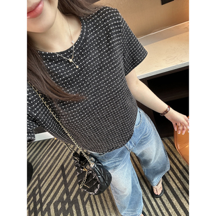 女春夏宽松设计感圆领上衣 2026新款 穿出天鹅颈 韩系波点正肩短袖