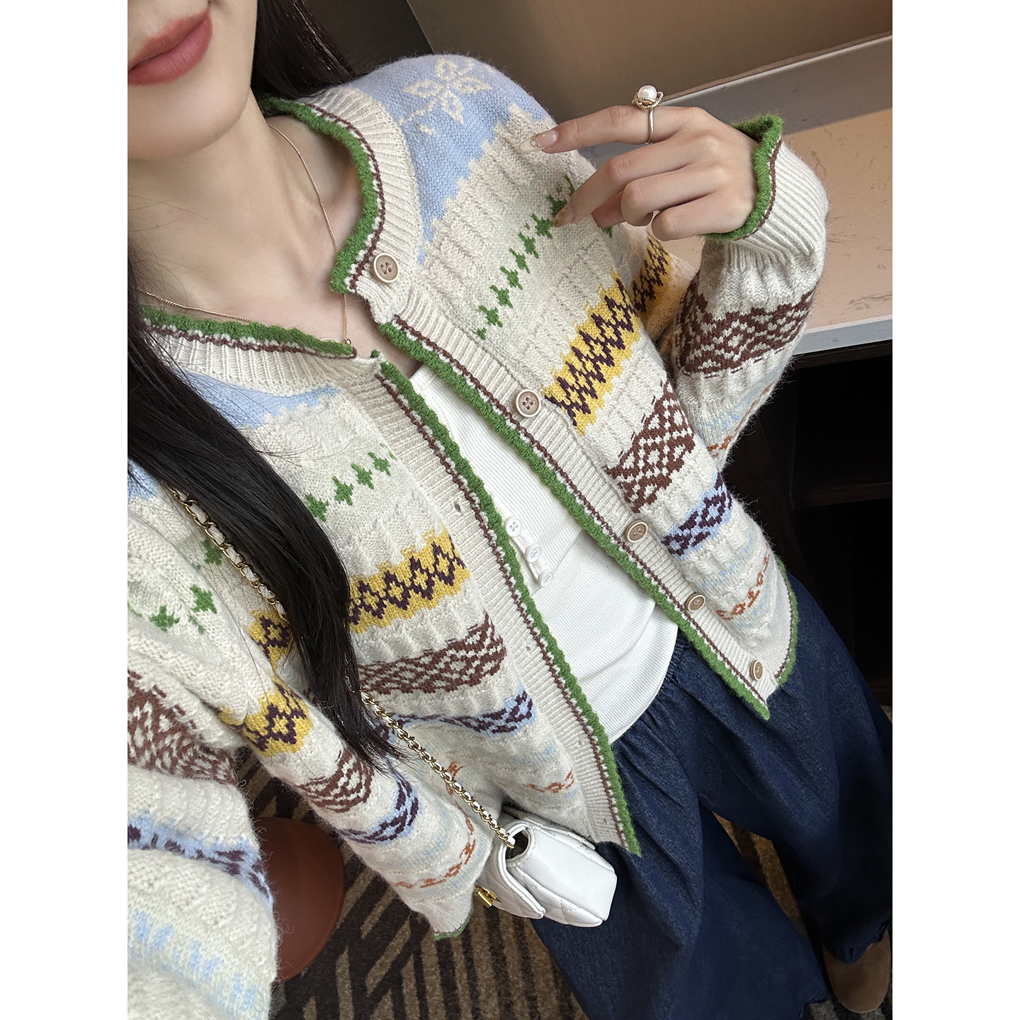 费尔岛外套！复古排扣提花长袖