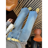 浅蓝色宽松筒喇裤 走路带风 女早春新小个子弹力直筒九分牛仔裤