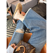 自带时髦感 宽松直筒阔腿裤 八九分毛边破洞牛仔裤 女2026春新款