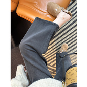 女高腰小个子八九分阔腿牛仔裤 黑灰色前口袋直筒裤 新 型天花板 版