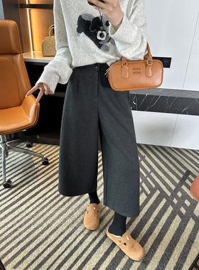 小个子适配！~醋酸羊毛八分阔腿靴裤女秋冬加厚宽松直筒休闲裤子