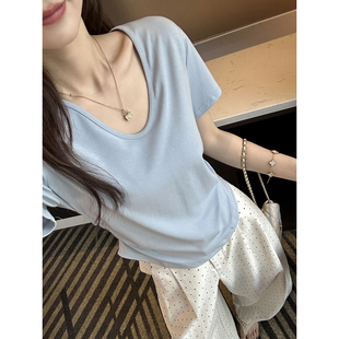 纯色简约收腰修身 T恤女夏新款 显瘦上衣 u领正肩短袖 秒变天鹅颈