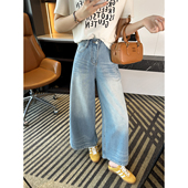 复古松弛感裤 长腿攻略 春季 女2026新款 子 蓝色猫须工艺直筒牛仔裤