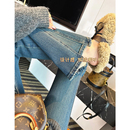 女秋冬加绒复古高腰拖地长裤 保暖岩绒喇叭牛仔裤 闭眼入 超模裤