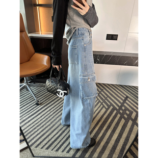 女春季 牛仔裤 新款 显瘦高腰宽松阔腿工装 收胯一jue 裤 大口袋工装