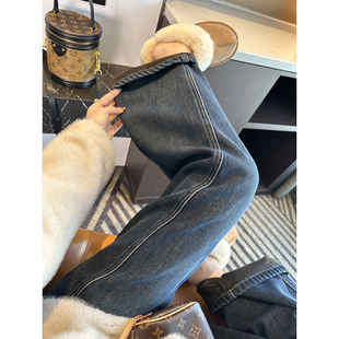 加绒保暖宽松阔腿长裤 女秋冬新款 遮胯显瘦弯刀牛仔裤 过冬必入