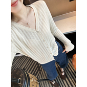 彻底沦陷 上衣 纯色V领长袖 坑条纹理天丝亚麻针织开衫 女2026新款