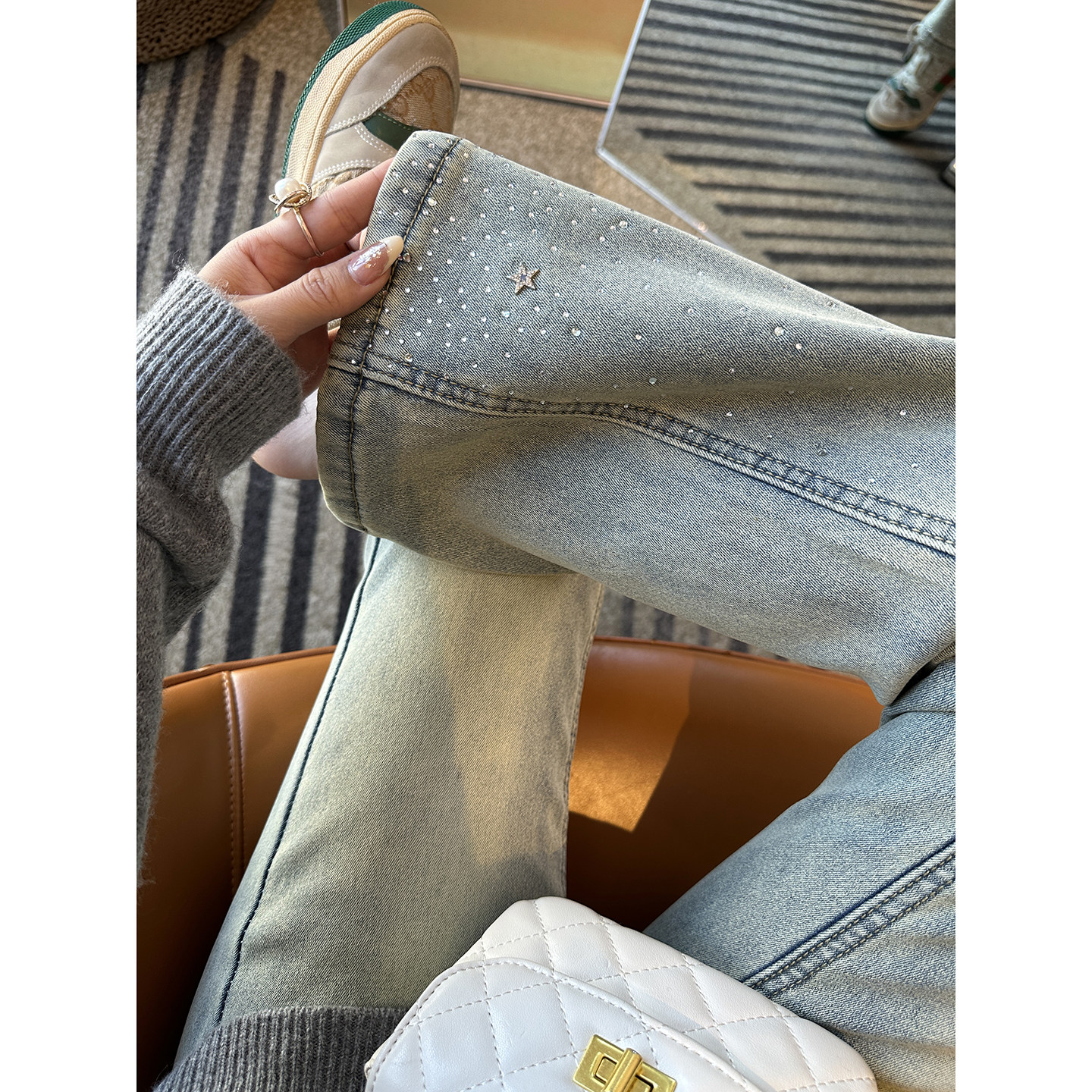 时髦腿精！~复古浅蓝色星星烫钻牛仔裤女冬加绒高腰显瘦微喇裤子,女装/女士精品,牛仔裤,淘宝优惠券,粉丝福利购,淘宝优惠卷