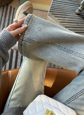 时髦腿精！~复古浅蓝色星星烫钻牛仔裤女冬加绒高腰显瘦微喇裤子