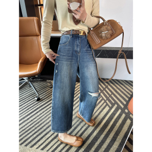 复古百搭小个子裤 女2026新款 子 破洞设计九分直筒牛仔裤 直腿法宝