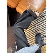 型巨牛 双版 本黑灰色加厚绒牛仔裤 版 女2025冬阔腿宽松直筒长裤