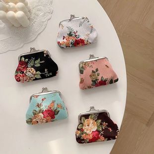 3个装 复古零钱包玫瑰布艺钱包迷你帆布包口金暗扣硬币包收纳