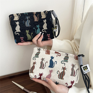 小号雪尼尔化妆包小猫手拎便携钱包手机包墨镜包护照包收纳袋