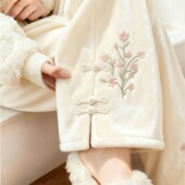 女复古加绒加厚显瘦休闲裤 专柜撤回新中式 刺绣花朵直筒阔腿裤