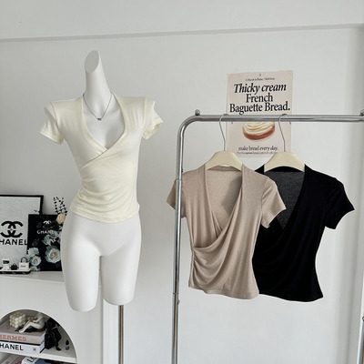 Skk Store 轻柔定律 轻盈无感醋酸天丝羊毛 极简V领交叉短袖T恤