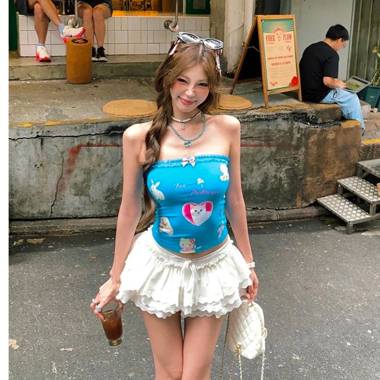 Pinksoya 少女曼调 猫猫印花抹胸背心女夏季蕾丝修身显瘦短款上衣