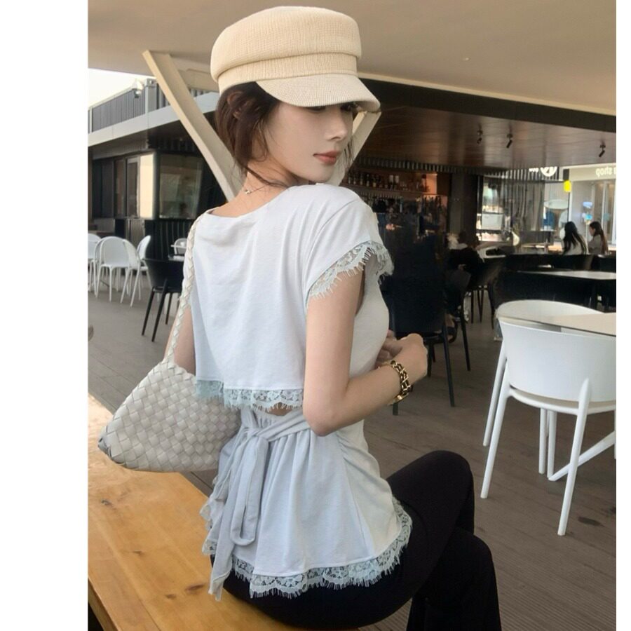 雪花棉掐腰嫩妹背后系带设计感拼接蕾丝短袖t恤女夏季辣妹上衣