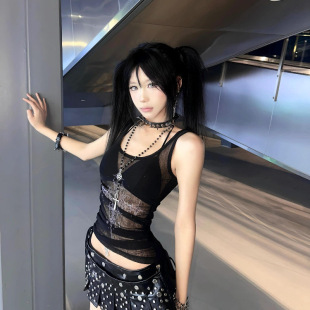 复古网纱背心绑带上衣女外穿辣妹印花黑色性感夏季 纯欲吊带 款