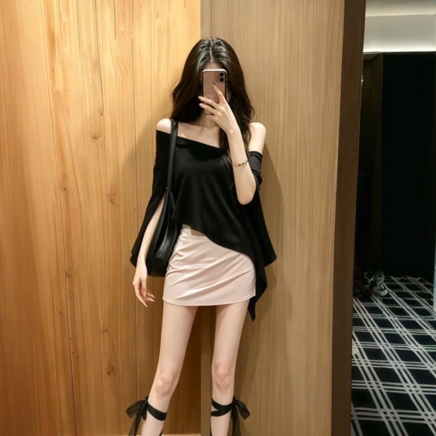 黑色斜肩上衣包臀短裙气质御姐风其它制服/套装