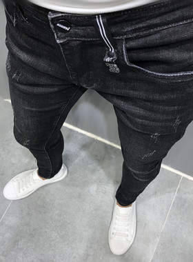 抓毛加厚九分长裤潮男秋冬新韩版修身小脚牛仔裤社会小伙网红青年