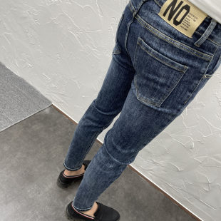 男潮牌秋冬微弹休闲 小脚牛仔长裤 一条百搭 猫须抓痕水洗深蓝修身