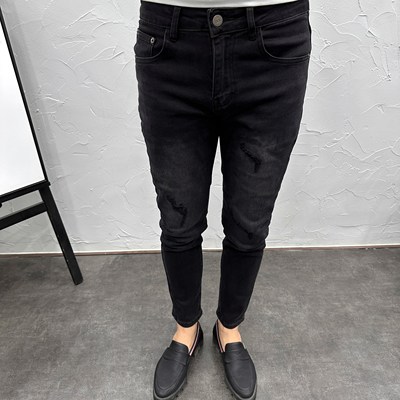 破洞贴布黑色修身小脚牛仔裤男秋