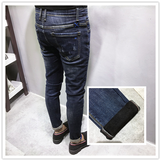 潮男冬加绒加厚复古做旧深蓝刺绣修身小脚牛仔长裤社会人青年学生