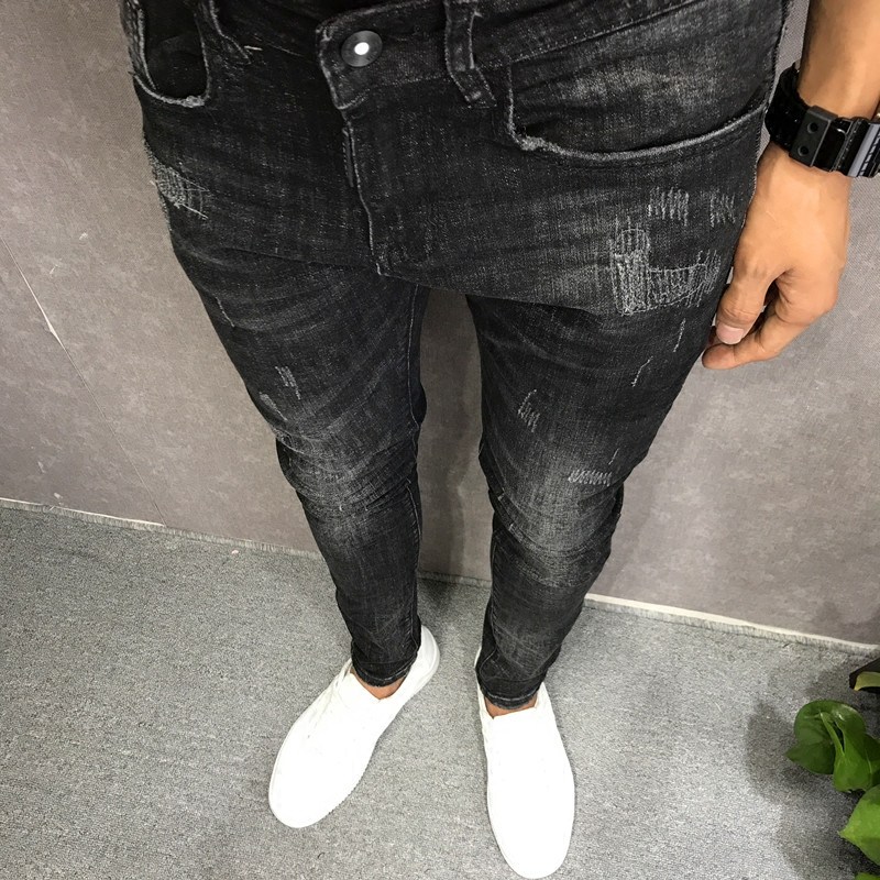 潮男秋冬新款韩版修身做旧黑刺绣