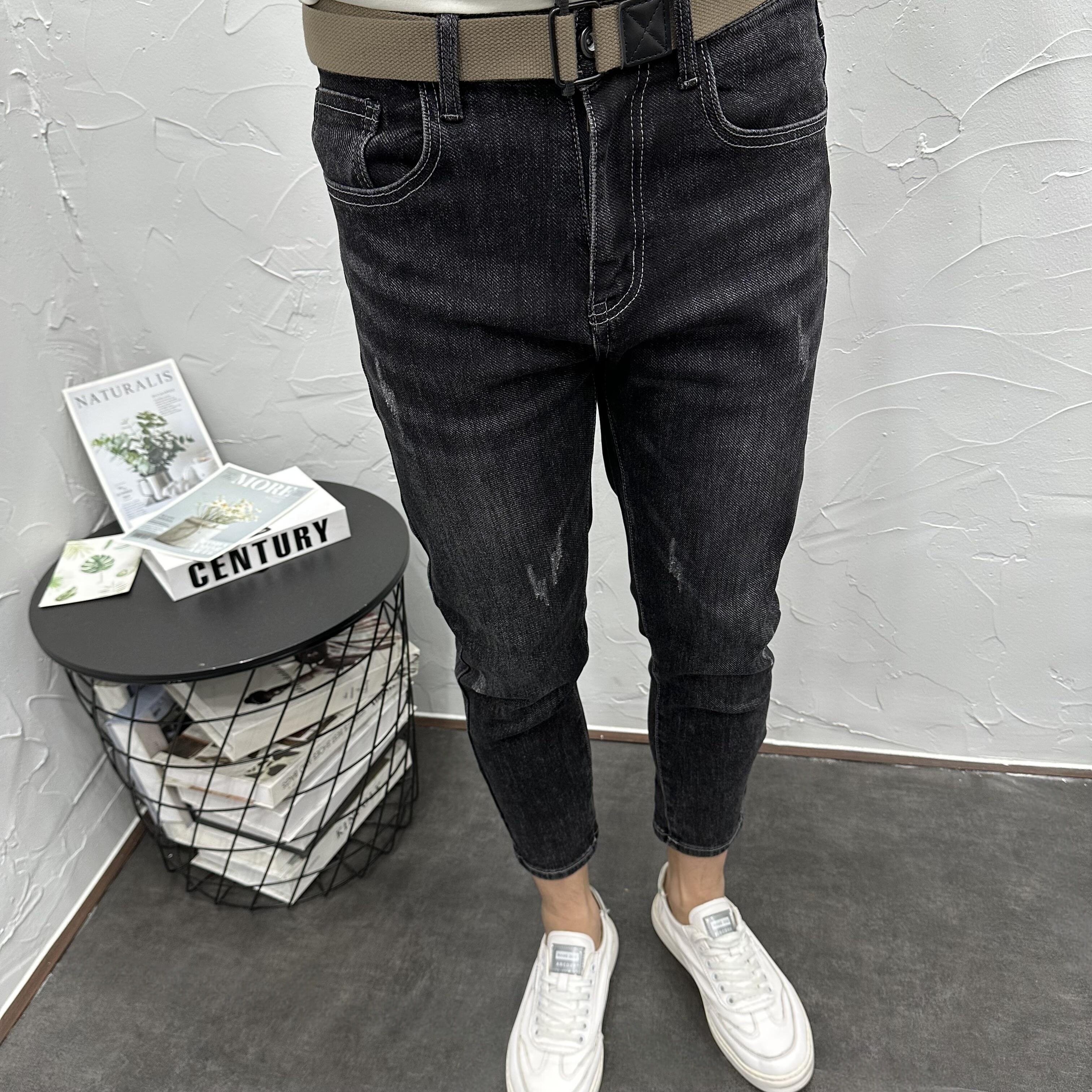 水洗黑灰微跨修身小脚九分牛仔裤