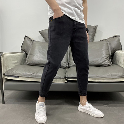 金属微跨黑灰九分修身牛仔裤潮男