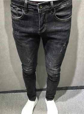 潮男秋冬新韩修身黑黄猫须小脚牛仔裤男长 社会精神小伙快手网红