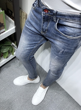 潮男夏新款韩版修身浅蓝猫须小脚牛仔裤男社会精神小伙网红爆长裤