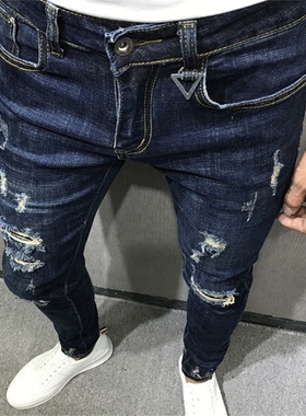 社会精神小伙快手红人网红潮男秋冬新韩修身蓝破洞小脚牛仔裤抓破