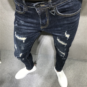秋冬新款深蓝破洞个性潮男韩版修身小脚牛仔裤快手红人社会小伙长