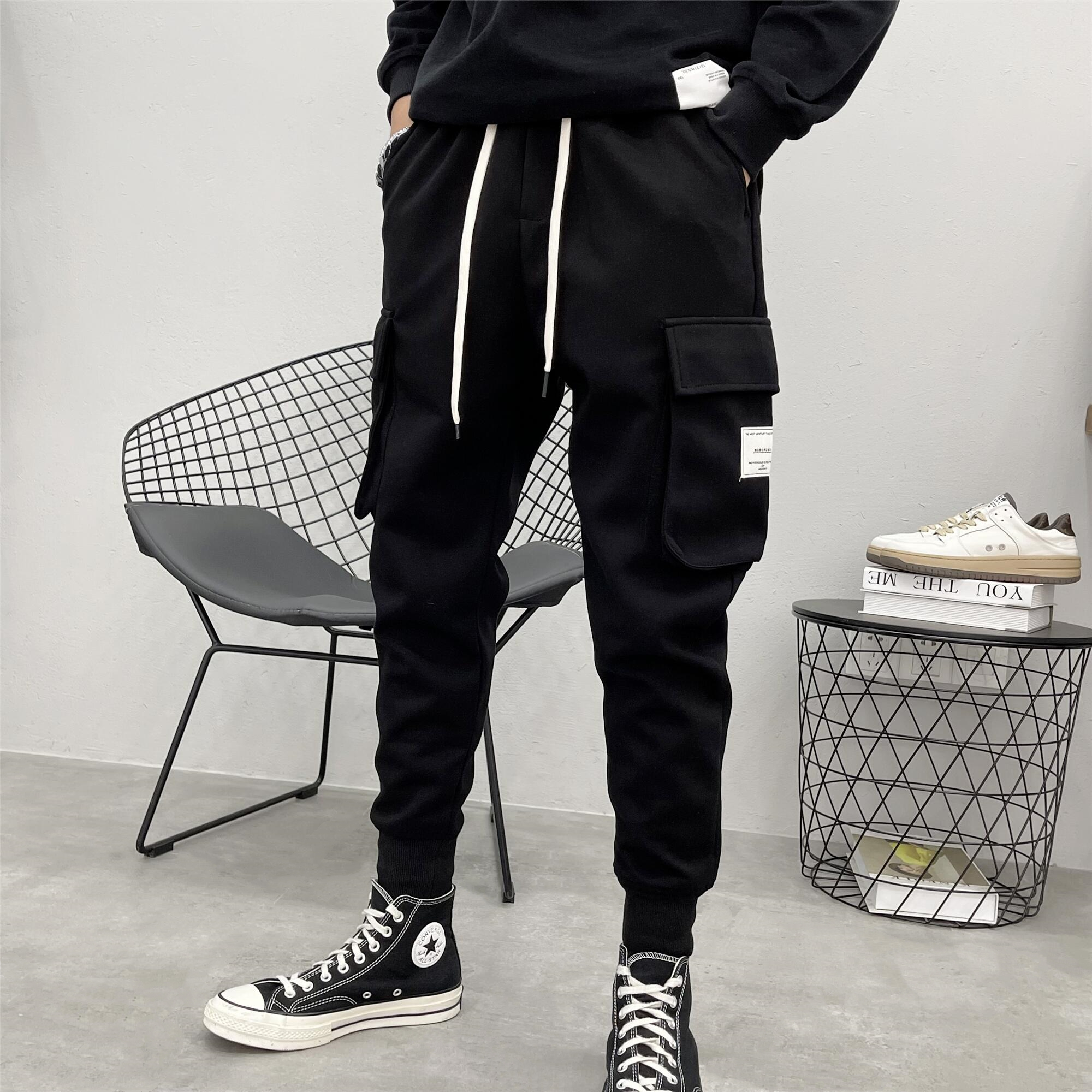 ins大口袋工装束脚修身运动休闲长裤男 潮牌新宽松百搭松紧腰卫裤