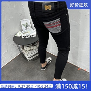 黑色水洗百搭刺绣金属显瘦弹力修身小脚九分牛仔裤男夏秋潮流休闲